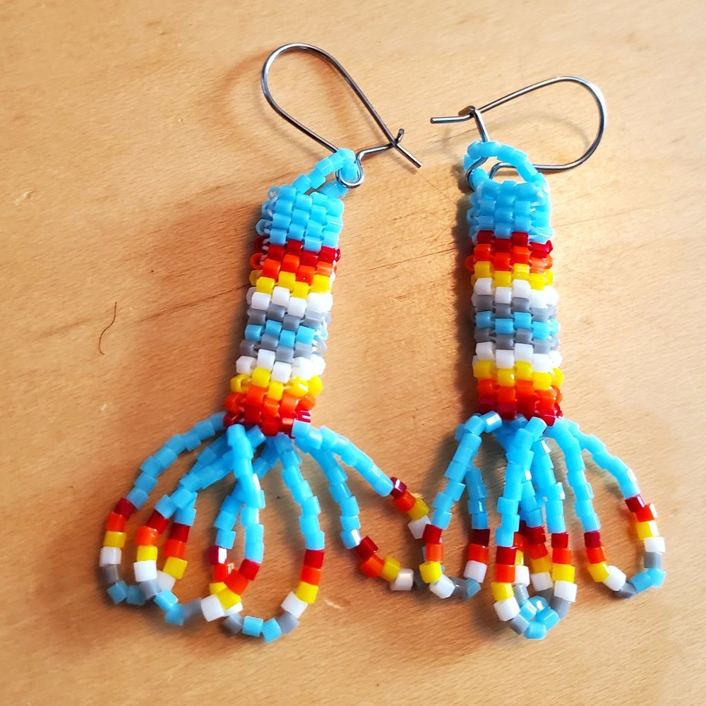 Silver Tone Native Theme Seed Bead Design Earrings
